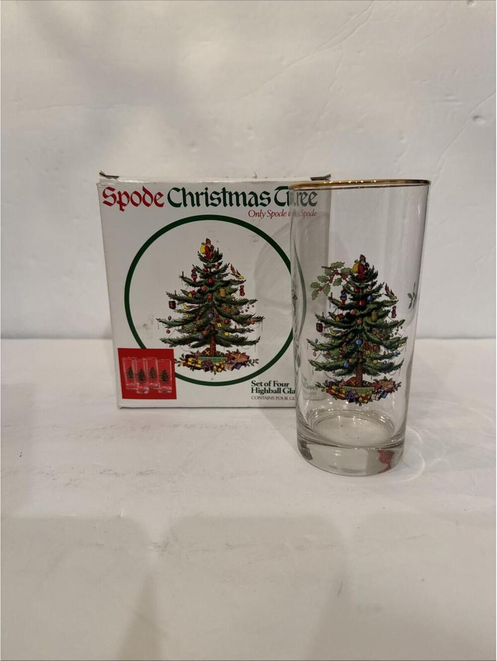 NEW Spode (4) Highball Tumbler Glass Christmas Tree Pattern 6.25" 22K Gold Trim